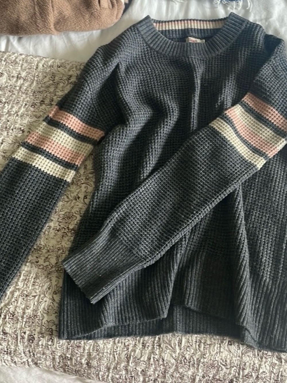 Faherty Charcoal Waffle Crew Sweater with Cream & Blush Stripes